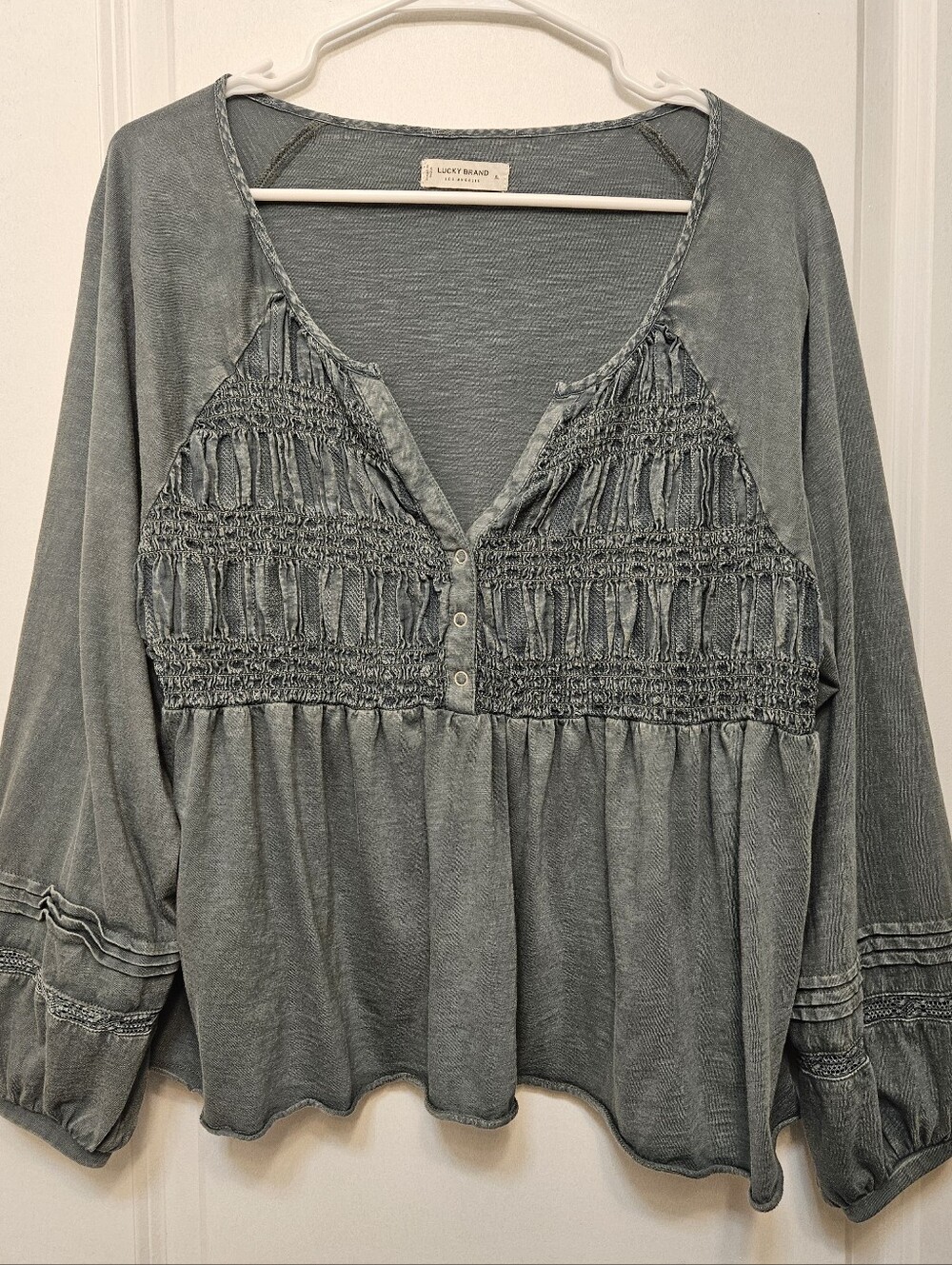 Lucky Brand Blue Green Smocked Boho Peasant Top XL
